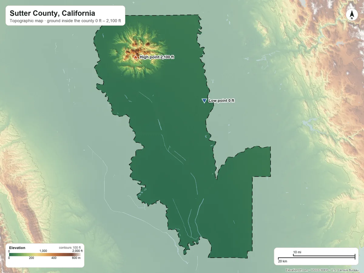 Topographic elevation map of Sutter County, California, shaded from 0 ft on the northeast side to 2,100 ft on South Butte