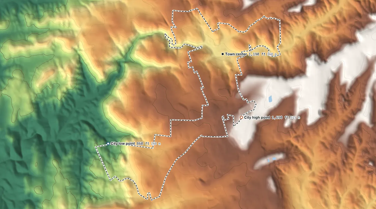 Topographic elevation map of Sutter Creek, California, shaded from 860 ft on the southwest side to 1,690 ft on the south side