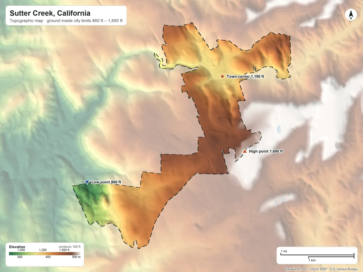 Topographic elevation map of Sutter Creek, California, shaded from 860 ft on the southwest side to 1,690 ft on the south side
