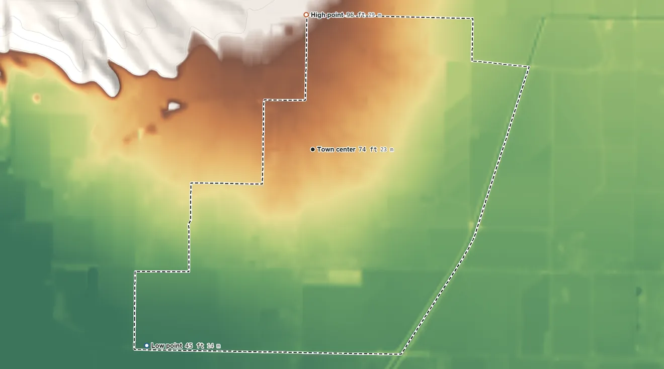 Topographic elevation map of Sutter, California, shaded from 45 ft on the southwest side to 96 ft at the foot of the Sutter Buttes