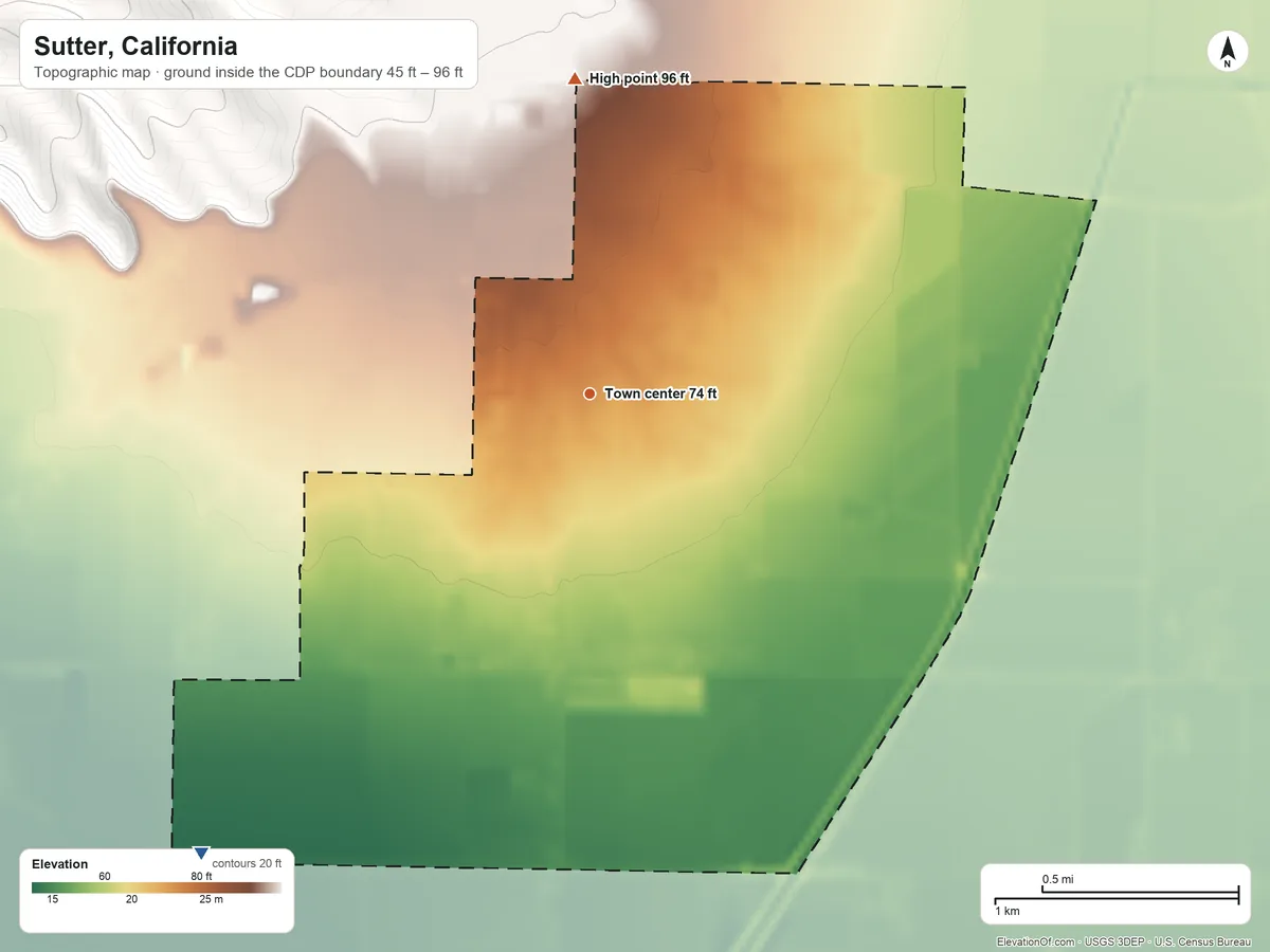 Topographic elevation map of Sutter, California, shaded from 45 ft on the southwest side to 96 ft at the foot of the Sutter Buttes