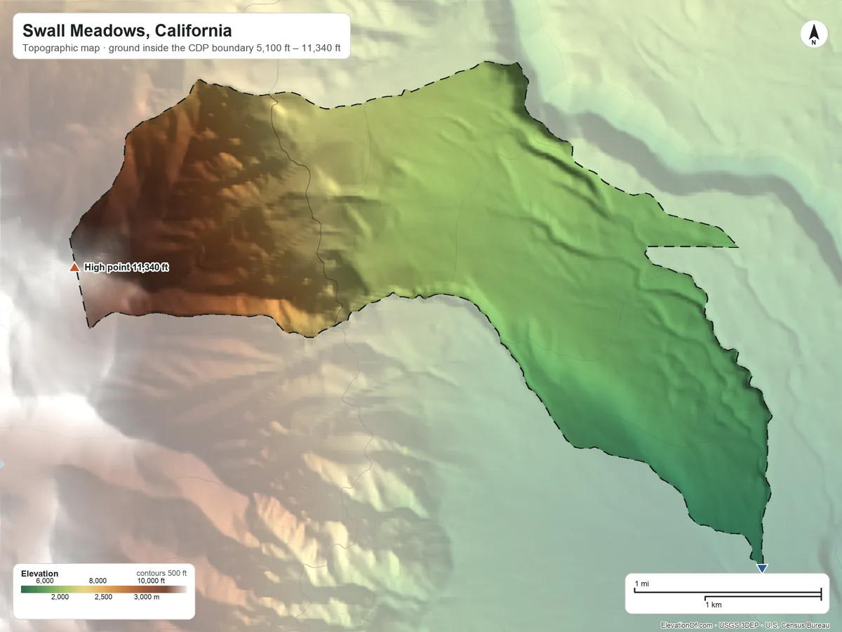 Topographic elevation map of Swall Meadows, California, shaded from 5,100 ft on the southeast side to 11,340 ft at the foot of the Tungsten Hills