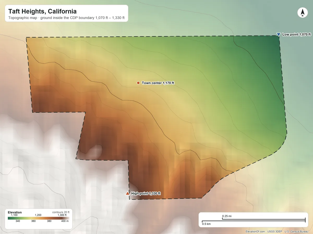 Topographic elevation map of Taft Heights, California, shaded from 1,070 ft on the east side to 1,330 ft at the foot of the Little Signal Hills