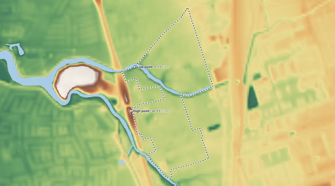 Topographic elevation map of Taft Mosswood, California, shaded from 5 ft on the west side to 34 ft on the southwest side