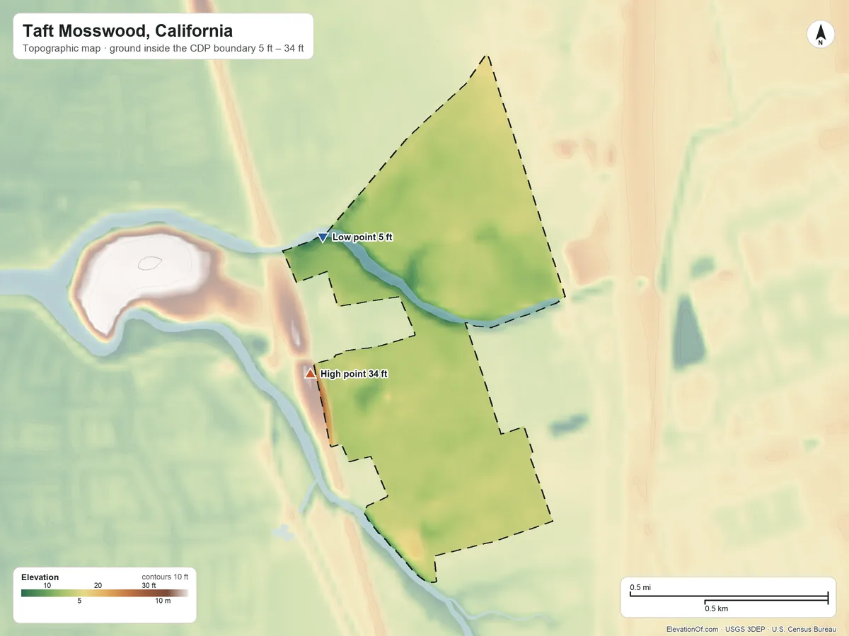 Topographic elevation map of Taft Mosswood, California, shaded from 5 ft on the west side to 34 ft on the southwest side