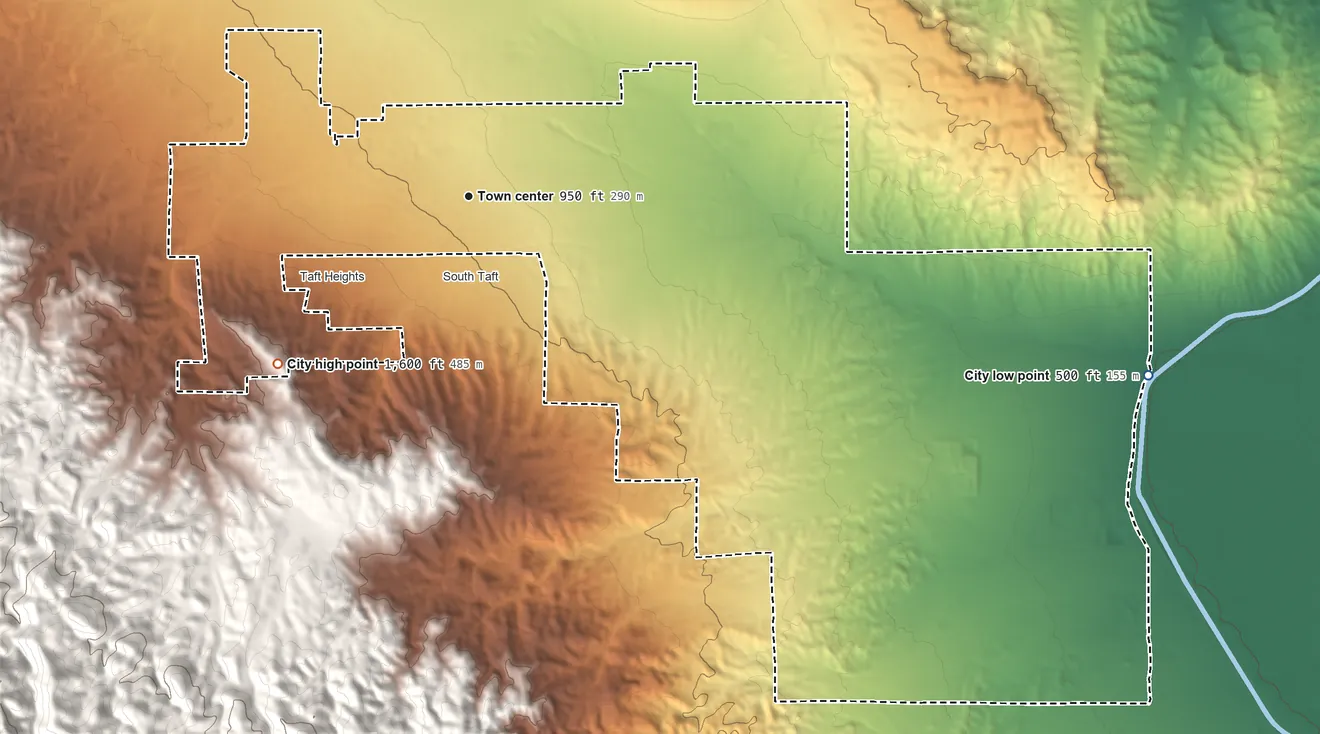 Topographic elevation map of Taft, California, shaded from 500 ft on the east side to 1,600 ft at the foot of the Little Signal Hills