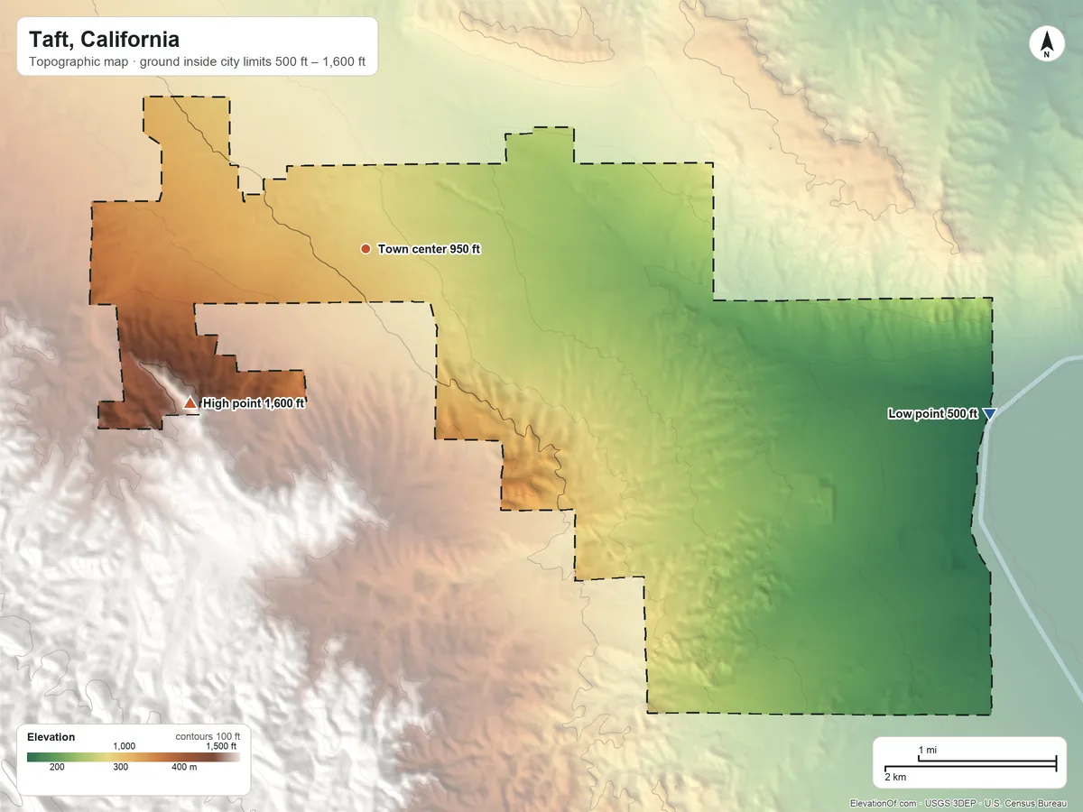 Topographic elevation map of Taft, California, shaded from 500 ft on the east side to 1,600 ft at the foot of the Little Signal Hills