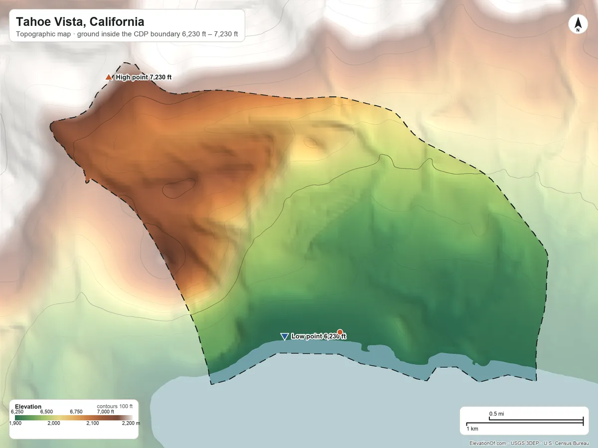 Topographic elevation map of Tahoe Vista, California, shaded from 6,230 ft near the middle to 7,230 ft at the foot of the Sagehen Hills