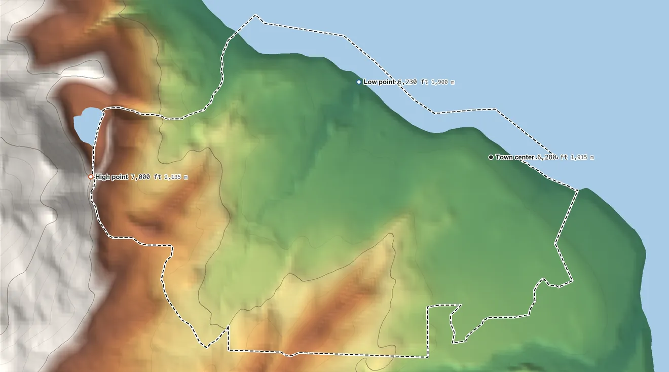Topographic elevation map of Tahoma, California, shaded from 6,230 ft on the northwest side to 7,000 ft at the foot of the Crystal Range