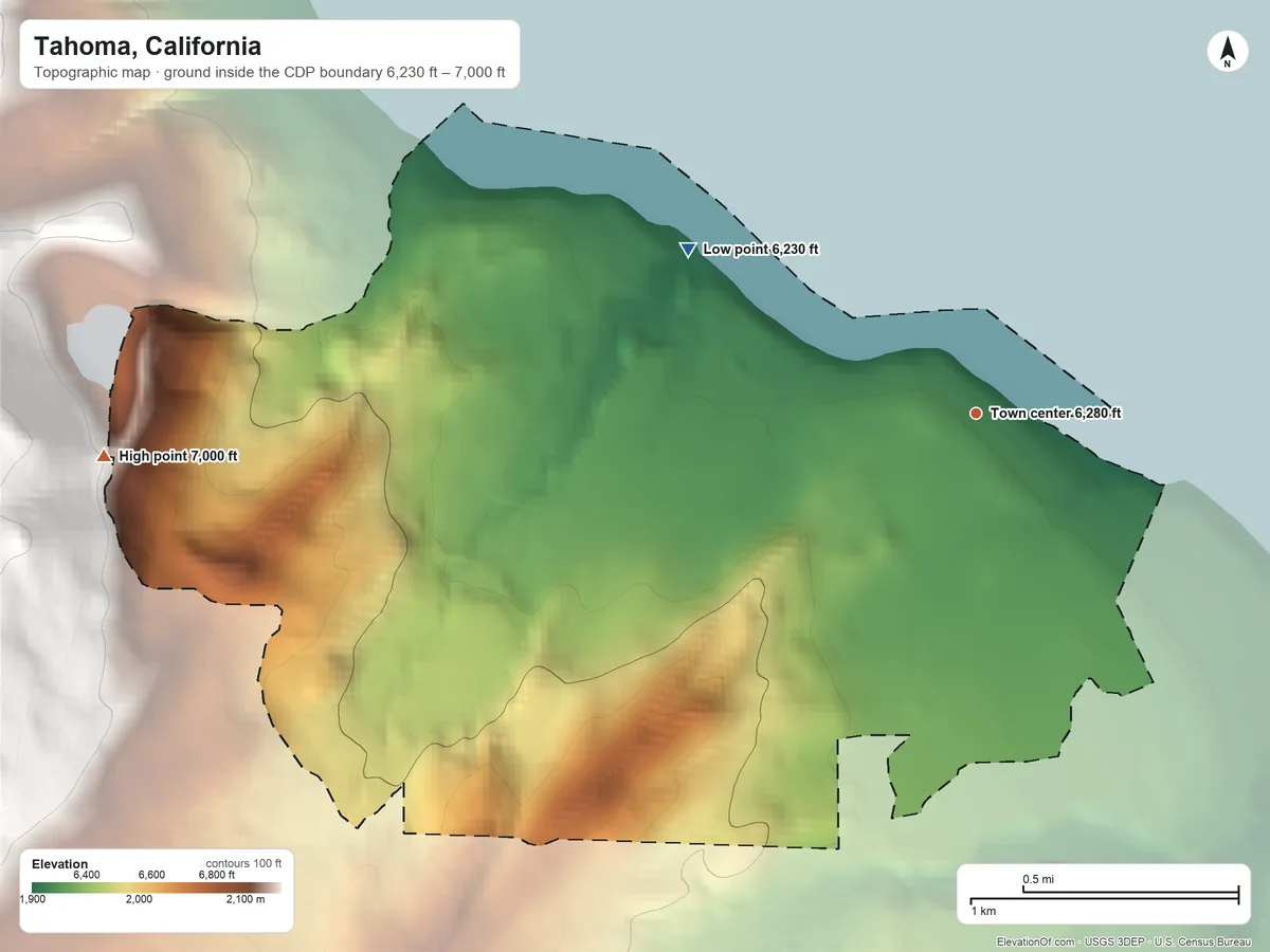 Topographic elevation map of Tahoma, California, shaded from 6,230 ft on the northwest side to 7,000 ft at the foot of the Crystal Range