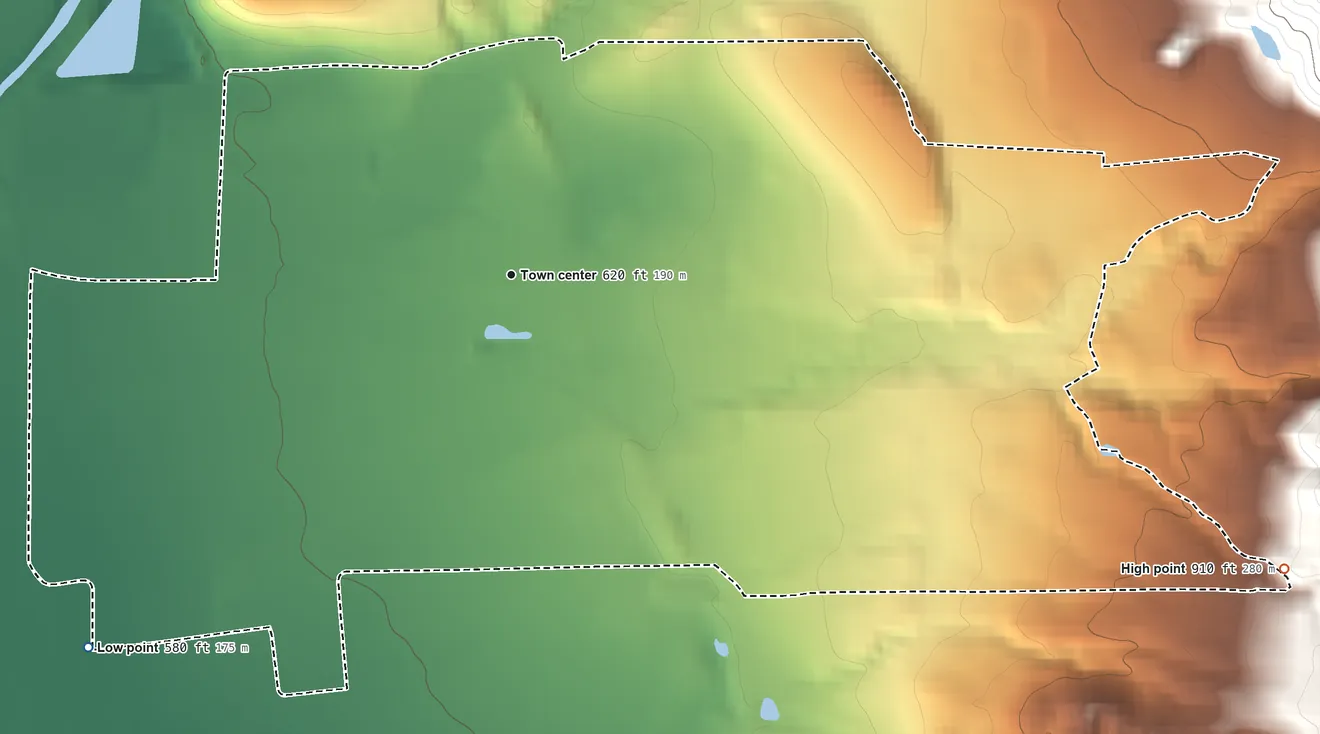 Topographic elevation map of Talmage, California, shaded from 580 ft on the southwest side to 910 ft on the east edge, below higher ground just outside