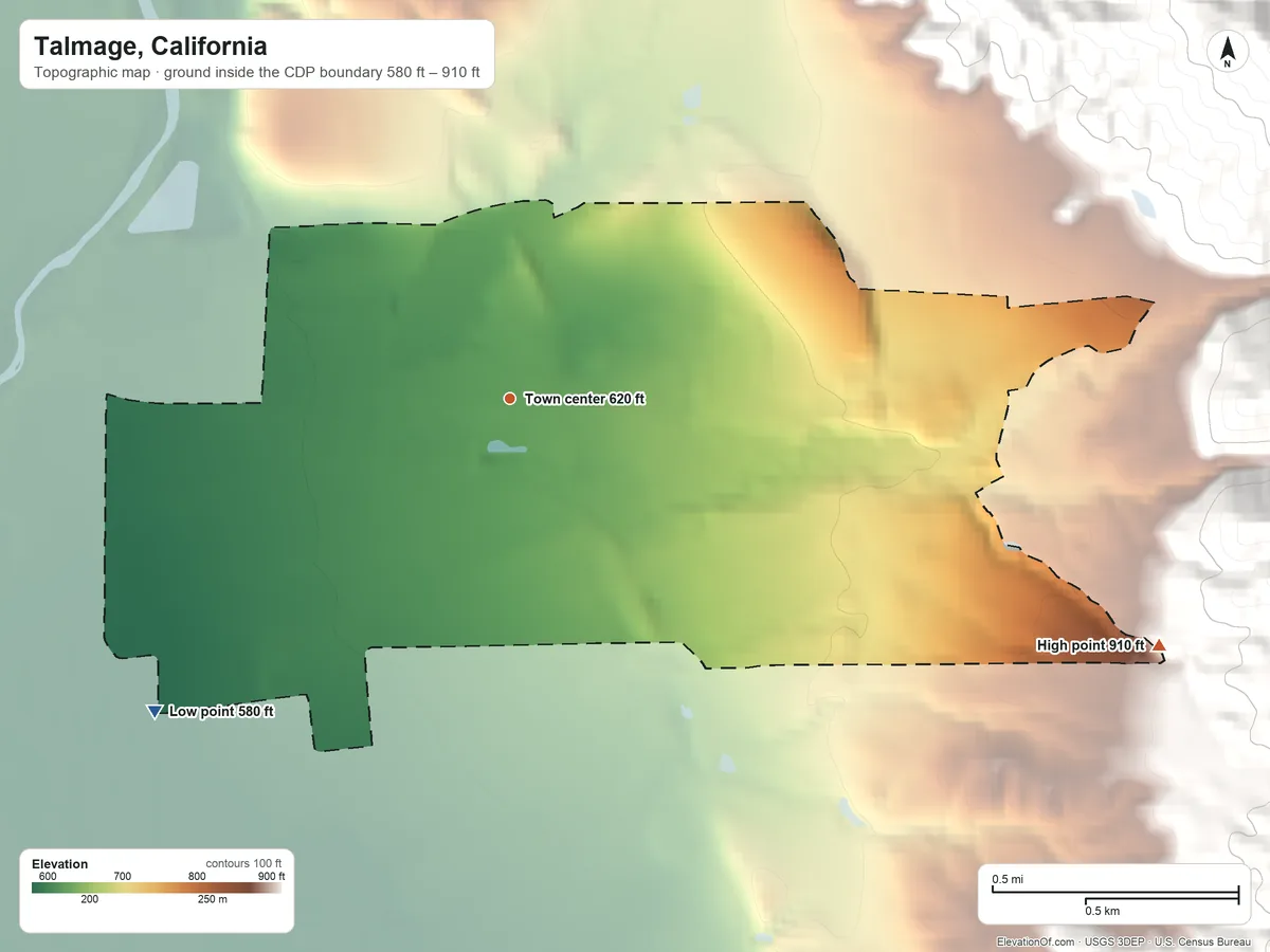 Topographic elevation map of Talmage, California, shaded from 580 ft on the southwest side to 910 ft on the east edge, below higher ground just outside