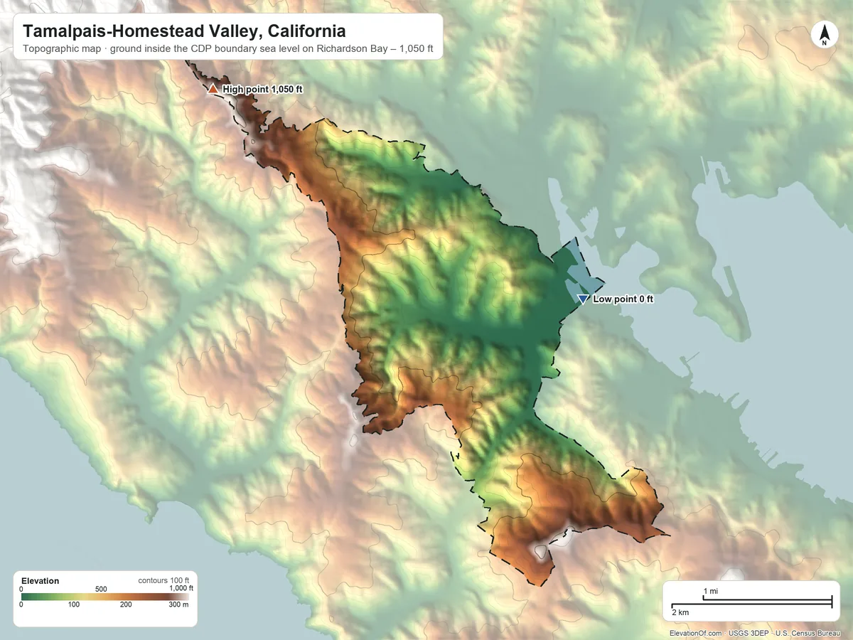 Topographic elevation map of Tamalpais-Homestead Valley, California, shaded from sea level level on Richardson Bay to 1,050 ft at the foot of the San Miguel Hills
