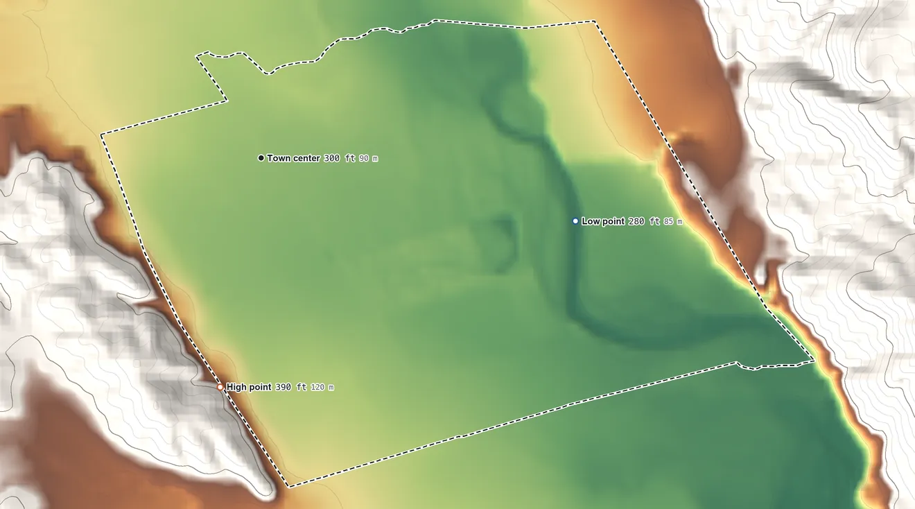 Topographic elevation map of Tancred, California, shaded from 280 ft on the east side to 390 ft at the foot of the Sweitzer Hills