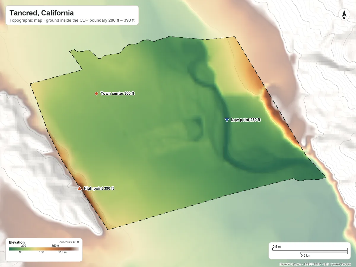 Topographic elevation map of Tancred, California, shaded from 280 ft on the east side to 390 ft at the foot of the Sweitzer Hills