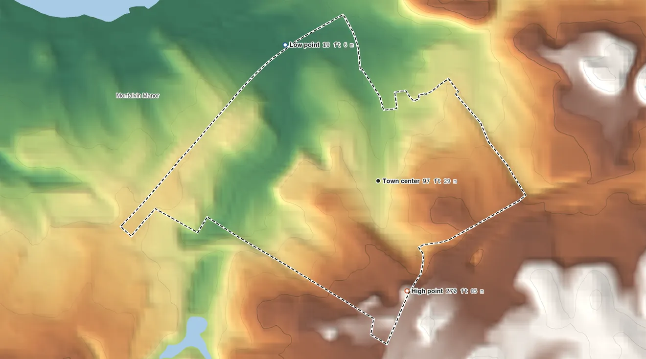 Topographic elevation map of Tara Hills, California, shaded from 19 ft on the northwest side to 270 ft on the south side
