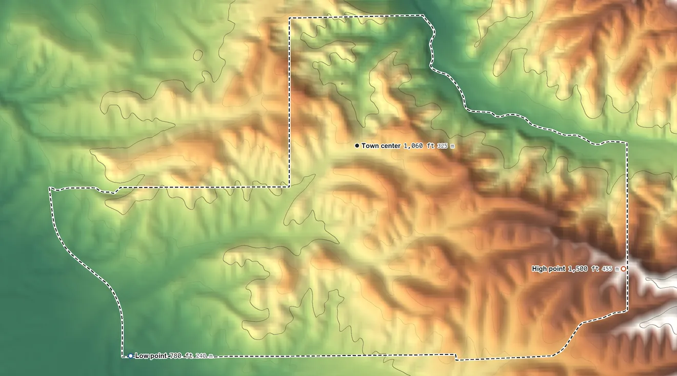Topographic elevation map of Tarina, California, shaded from 780 ft on the southwest side to 1,500 ft on the southeast edge, below higher ground just outside