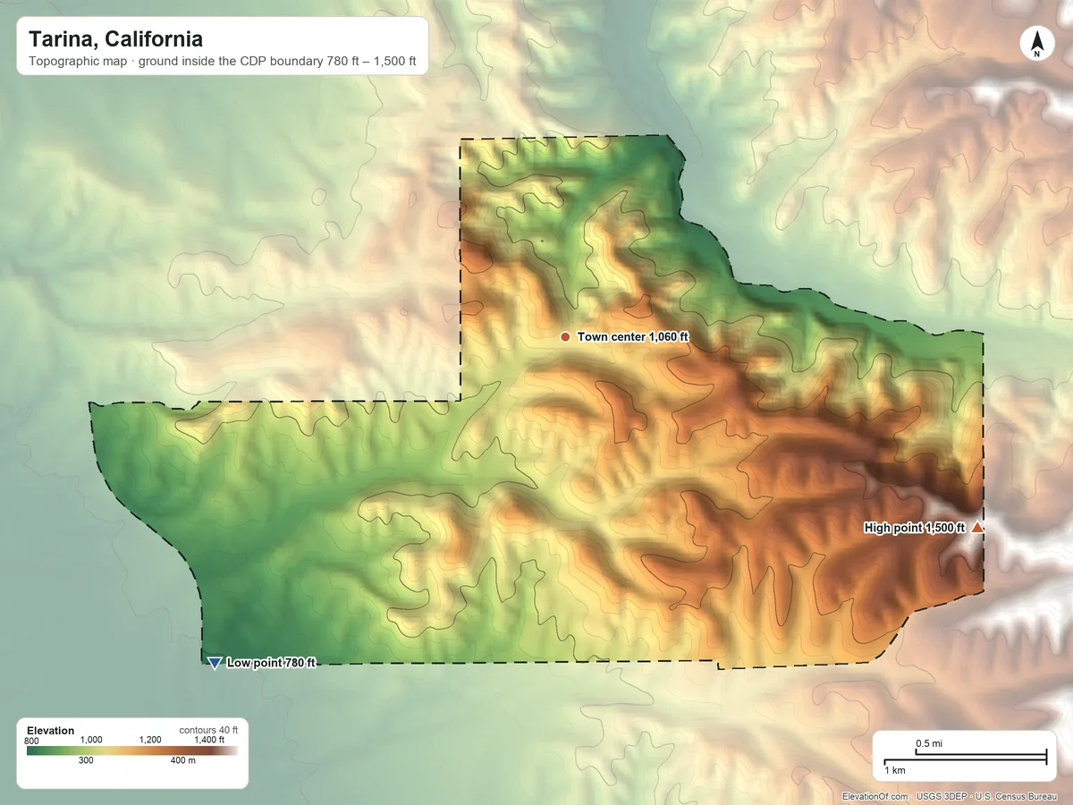 Topographic elevation map of Tarina, California, shaded from 780 ft on the southwest side to 1,500 ft on the southeast edge, below higher ground just outside