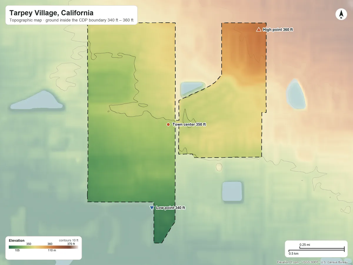 Topographic elevation map of Tarpey Village, California, shaded from 340 ft on the south side to 360 ft on the northeast side
