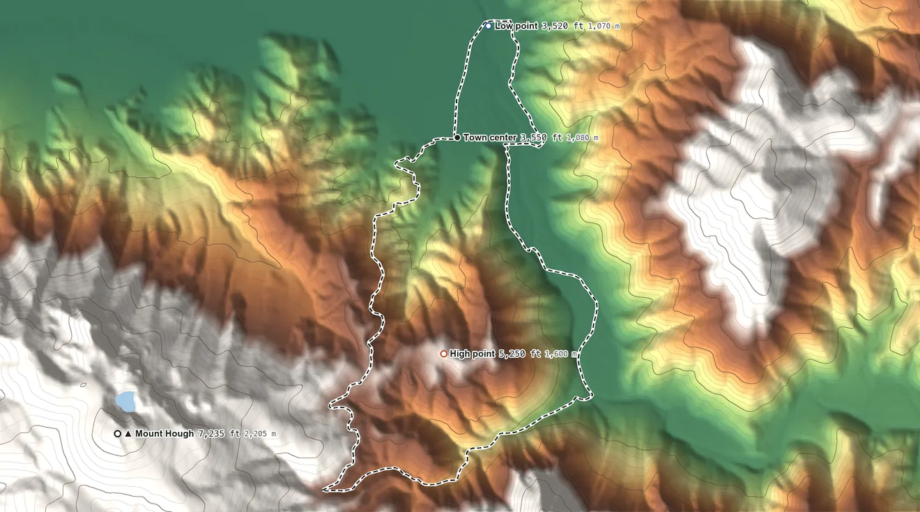 Topographic elevation map of Taylorsville, California, shaded from 3,520 ft on the north side to 5,250 ft on the south edge, below higher ground just outside