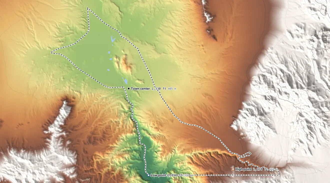 Topographic elevation map of Tecopa, California, shaded from 1,090 ft on the south side to 2,170 ft at the foot of the Alexander Hills