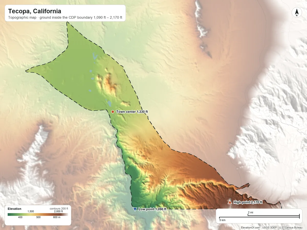 Topographic elevation map of Tecopa, California, shaded from 1,090 ft on the south side to 2,170 ft at the foot of the Alexander Hills