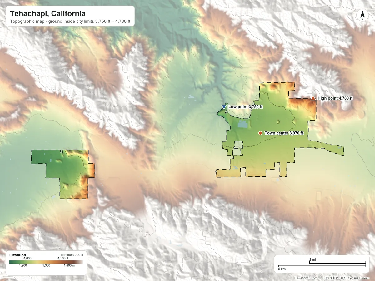 Topographic elevation map of Tehachapi, California, shaded from 3,750 ft on the northwest side to 4,780 ft at the foot of the Tehachapi Mountains