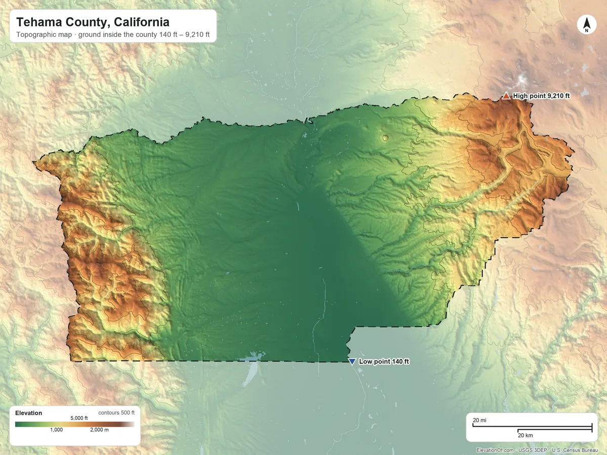 Topographic elevation map of Tehama County, California, shaded from 140 ft on the south side to 9,210 ft on Brokeoff Mountain