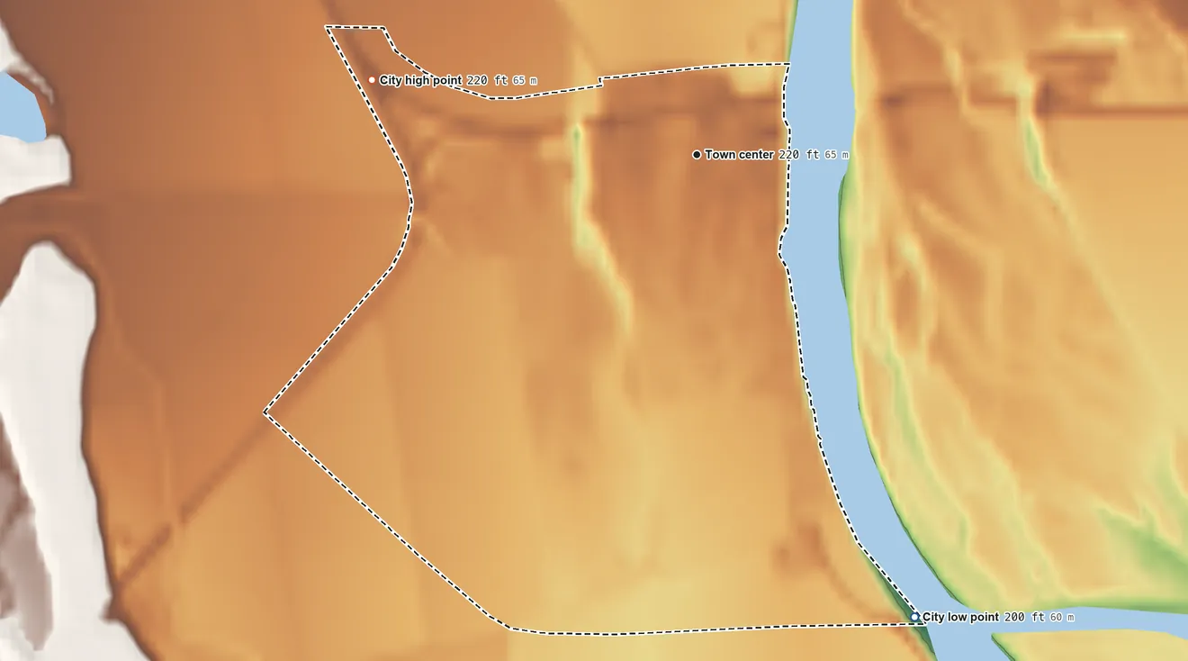 Topographic elevation map of Tehama, California, shaded from 200 ft on the southeast side to 220 ft on the west side