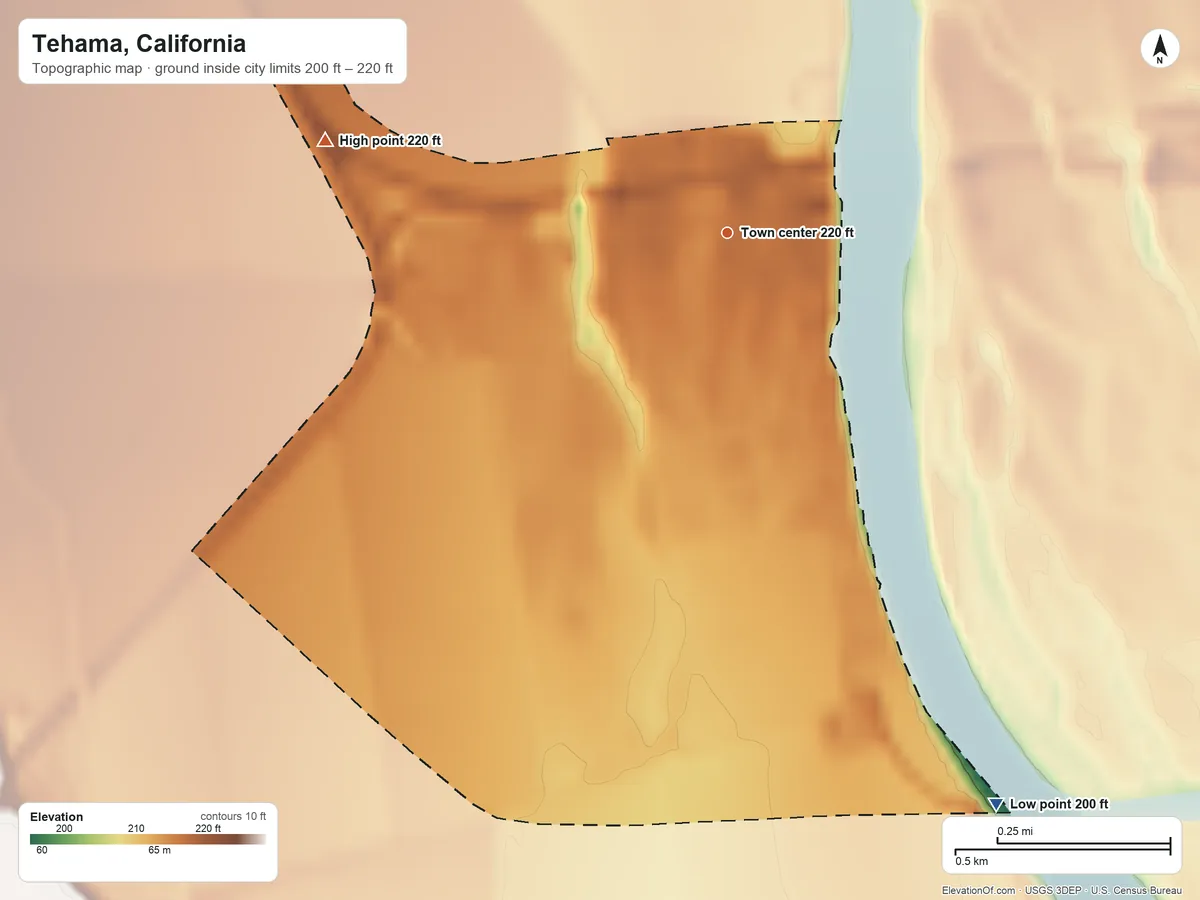 Topographic elevation map of Tehama, California, shaded from 200 ft on the southeast side to 220 ft on the west side