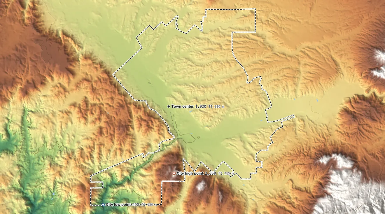 Topographic elevation map of Temecula, California, shaded from 490 ft on the southwest side to 2,350 ft on the south side