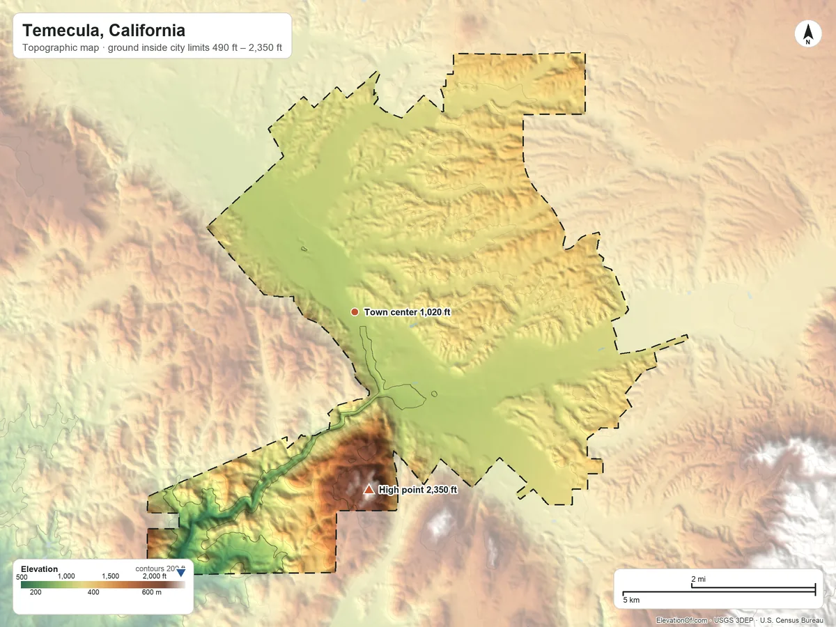 Topographic elevation map of Temecula, California, shaded from 490 ft on the southwest side to 2,350 ft on the south side