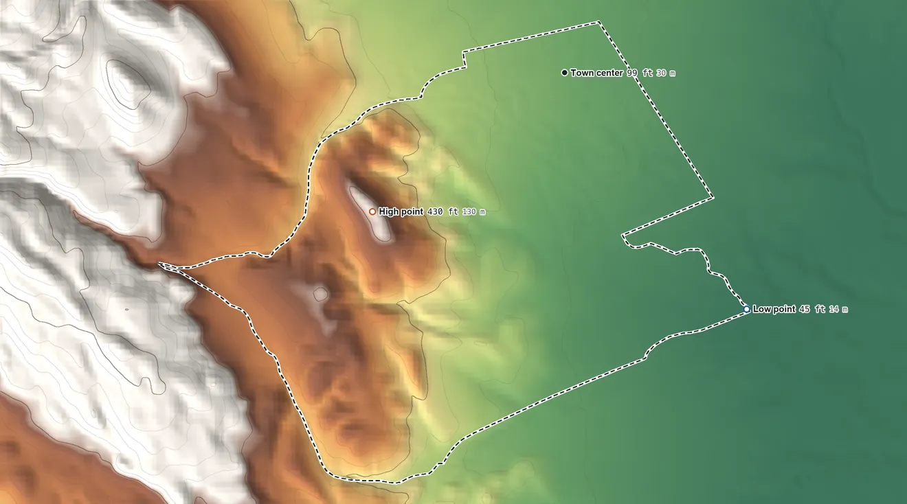 Topographic elevation map of Temelec, California, shaded from 45 ft on the southeast side to 430 ft at the foot of the Sonoma Mountains