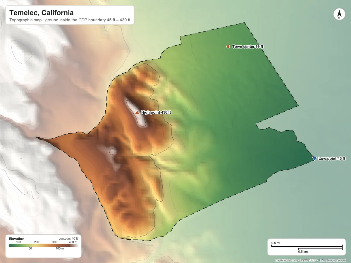 Topographic elevation map of Temelec, California, shaded from 45 ft on the southeast side to 430 ft at the foot of the Sonoma Mountains