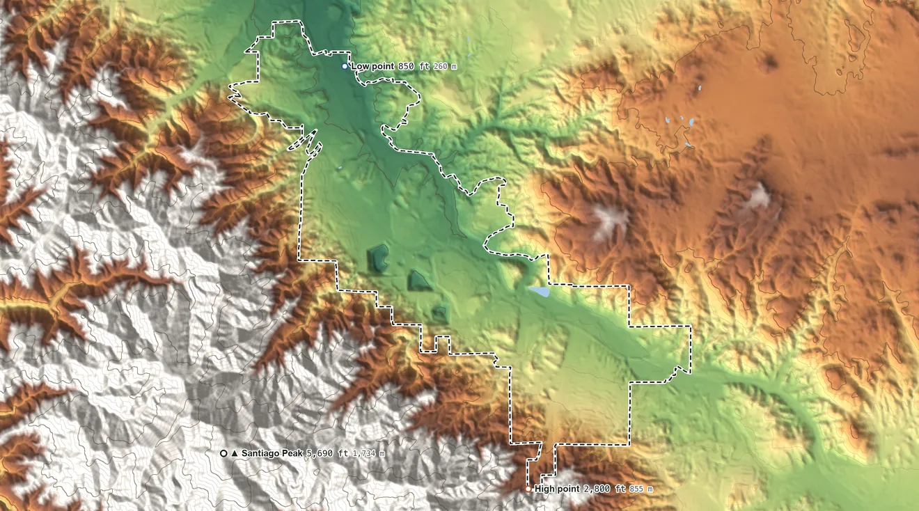 Topographic elevation map of Temescal Valley, California, shaded from 850 ft on the northwest side to 2,800 ft at the foot of the Santa Ana Mountains