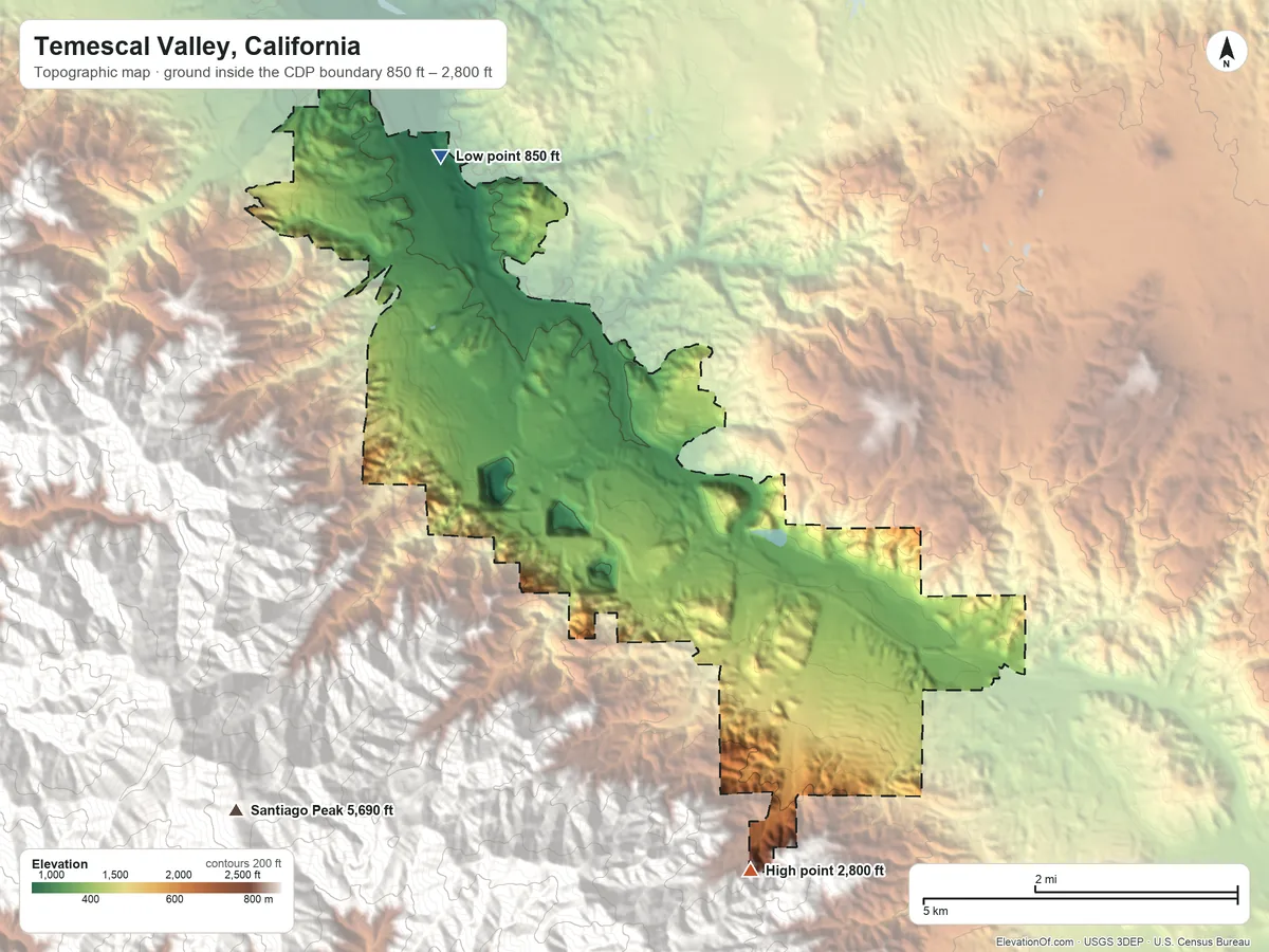 Topographic elevation map of Temescal Valley, California, shaded from 850 ft on the northwest side to 2,800 ft at the foot of the Santa Ana Mountains