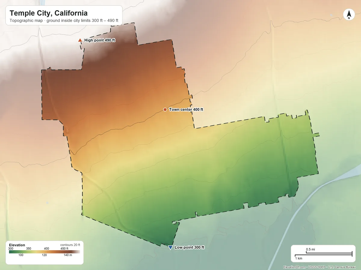 Topographic elevation map of Temple City, California, shaded from 300 ft on the south side to 490 ft on the northwest side