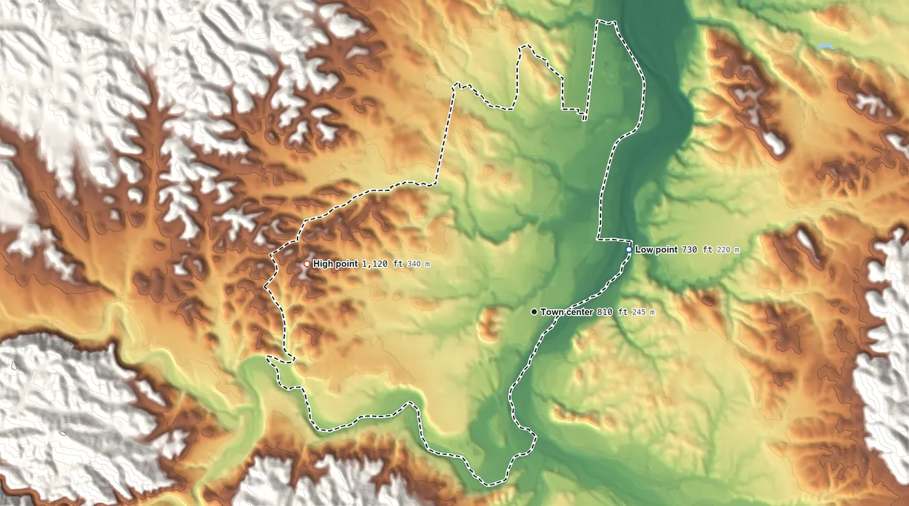 Topographic elevation map of Templeton, California, shaded from 730 ft on the northeast side to 1,120 ft on the west side