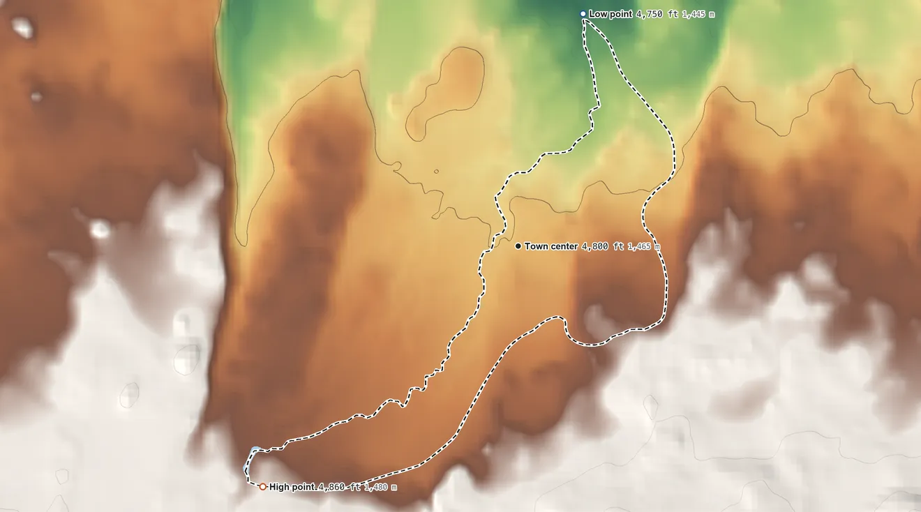 Topographic elevation map of Tennant, California, shaded from 4,750 ft on the north side to 4,860 ft on the southwest edge, below higher ground just outside