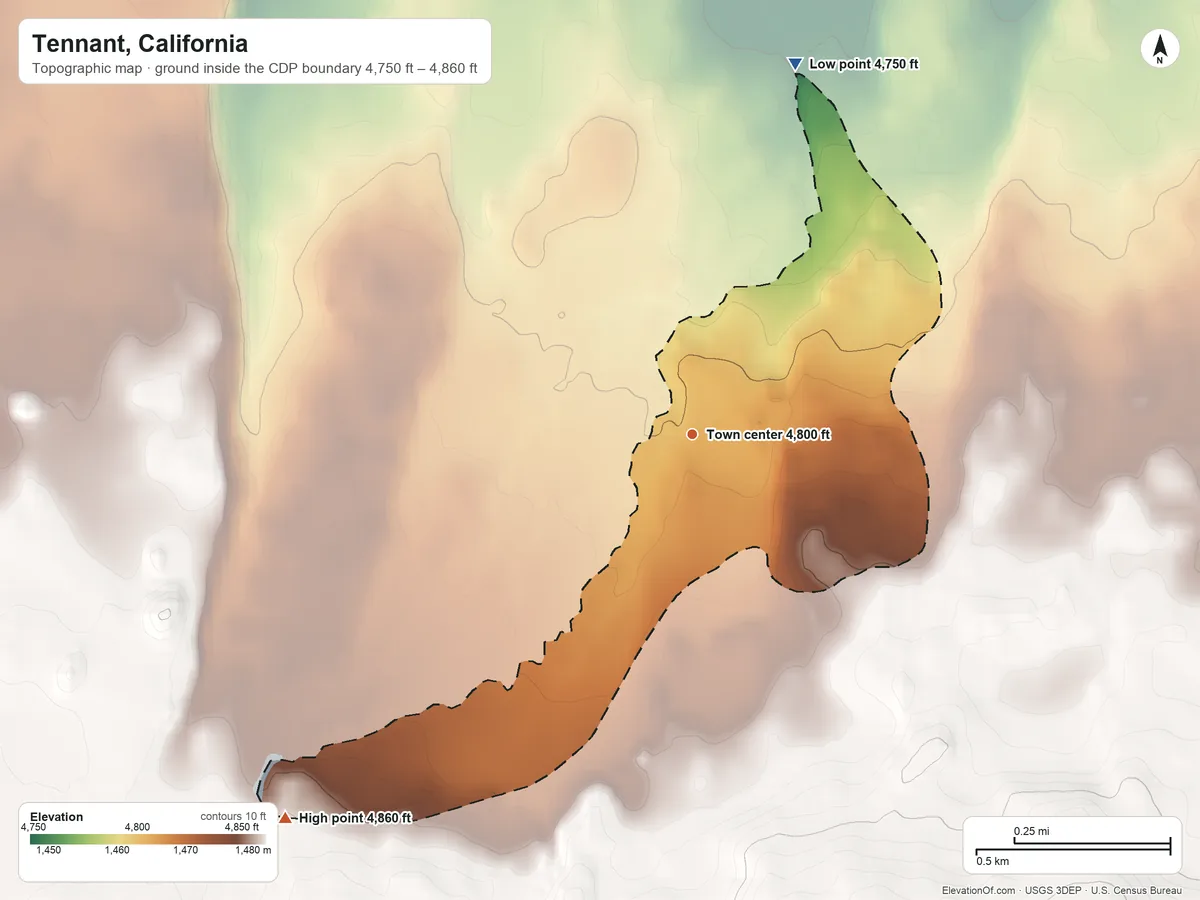 Topographic elevation map of Tennant, California, shaded from 4,750 ft on the north side to 4,860 ft on the southwest edge, below higher ground just outside