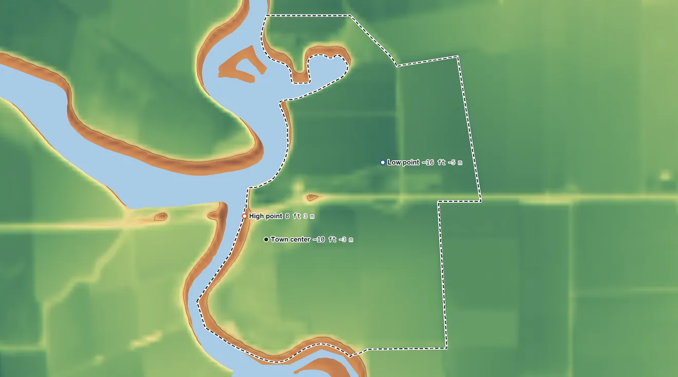 Topographic elevation map of Terminous, California, shaded from −16 ft on the northeast side to 8 ft near the middle