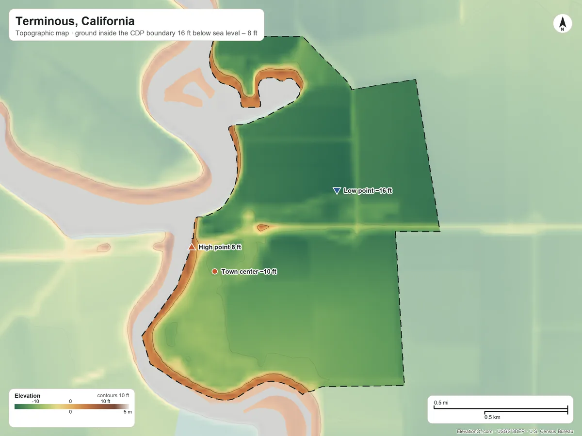 Topographic elevation map of Terminous, California, shaded from −16 ft on the northeast side to 8 ft near the middle