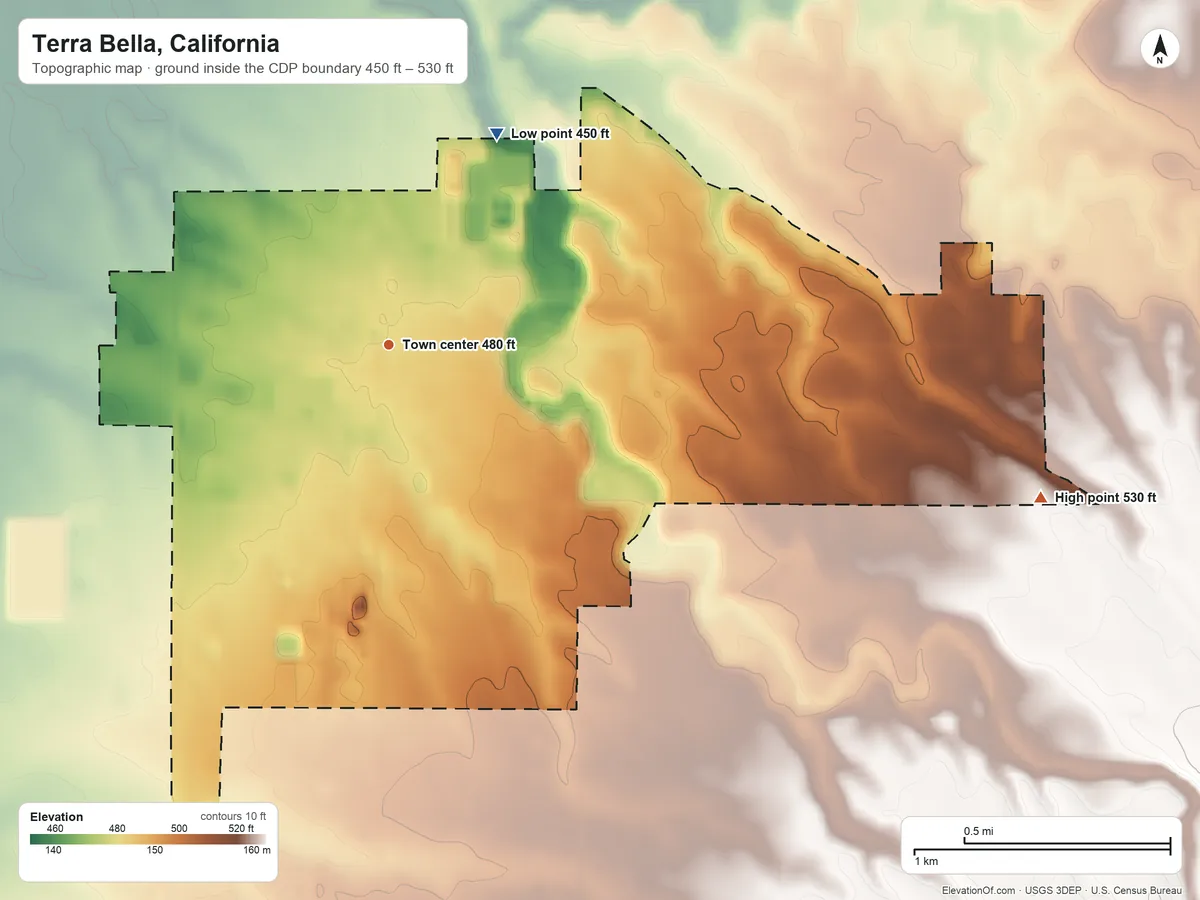 Topographic elevation map of Terra Bella, California, shaded from 450 ft on the northeast side to 530 ft on the east side