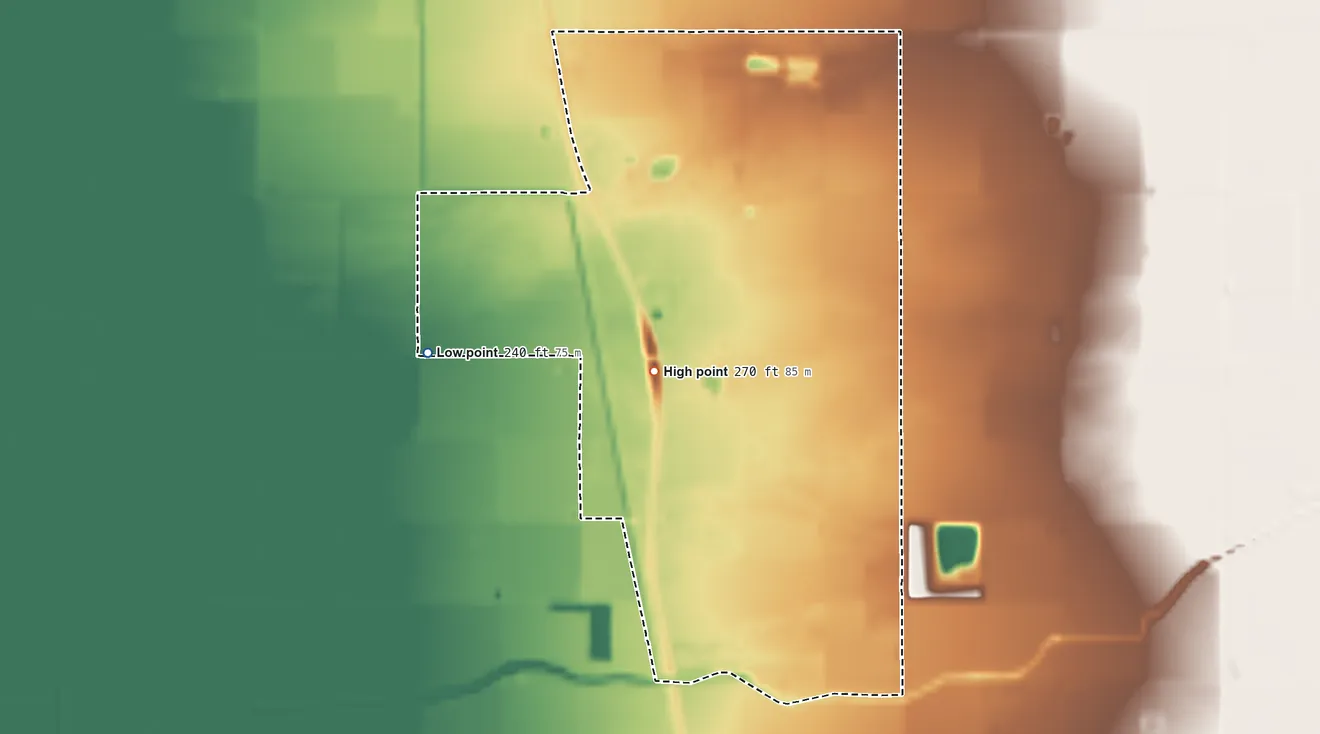 Topographic elevation map of Teviston, California, shaded from 240 ft on the west side to 270 ft on the south side