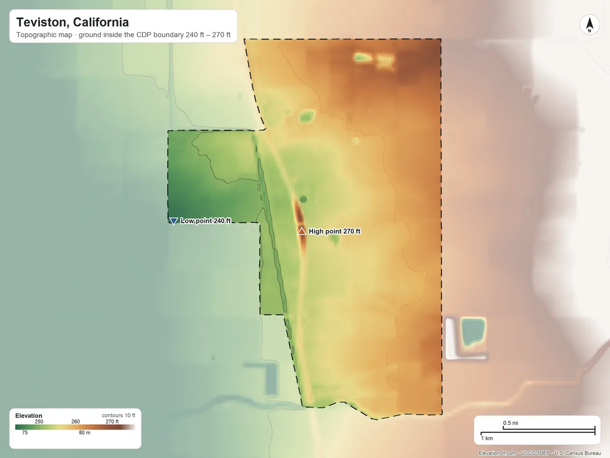Topographic elevation map of Teviston, California, shaded from 240 ft on the west side to 270 ft on the south side