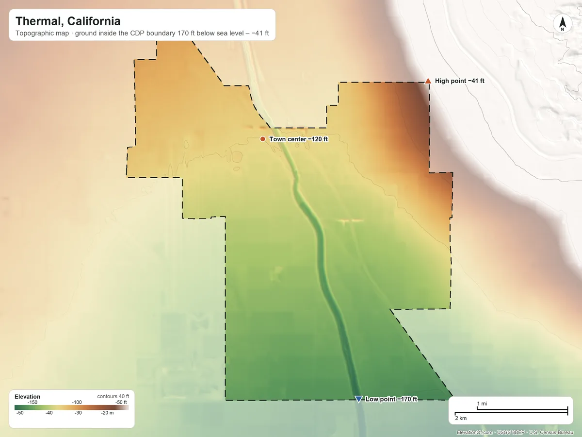 Topographic elevation map of Thermal, California, shaded from −170 ft on the south side to −41 ft at the foot of the Mecca Hills