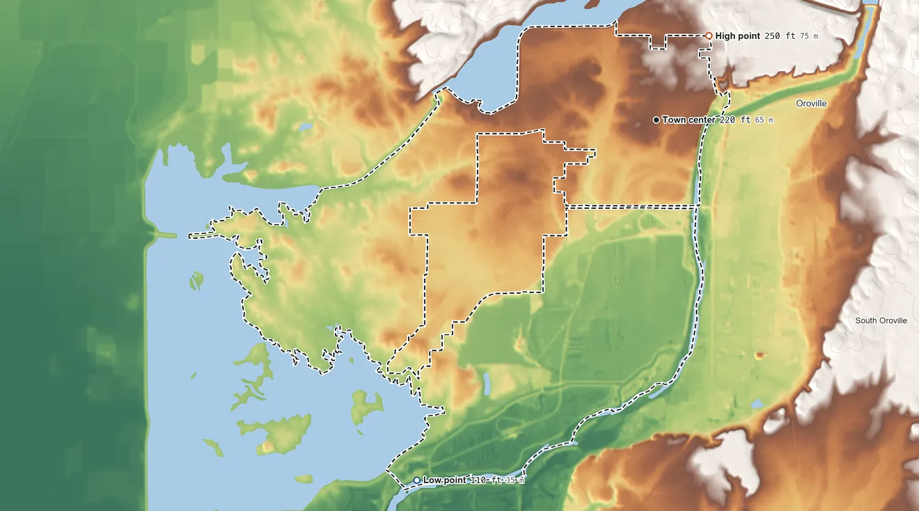 Topographic elevation map of Thermalito, California, shaded from 110 ft on the southwest side to 250 ft at the foot of the Campbell Hills
