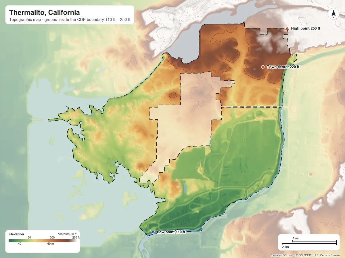Topographic elevation map of Thermalito, California, shaded from 110 ft on the southwest side to 250 ft at the foot of the Campbell Hills