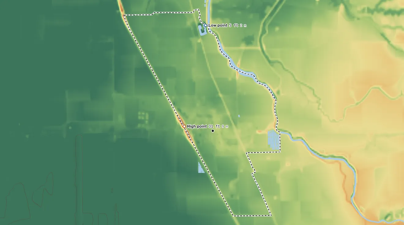 Topographic elevation map of Thornton, California, shaded from 5 ft on the north side to 31 ft on the west side