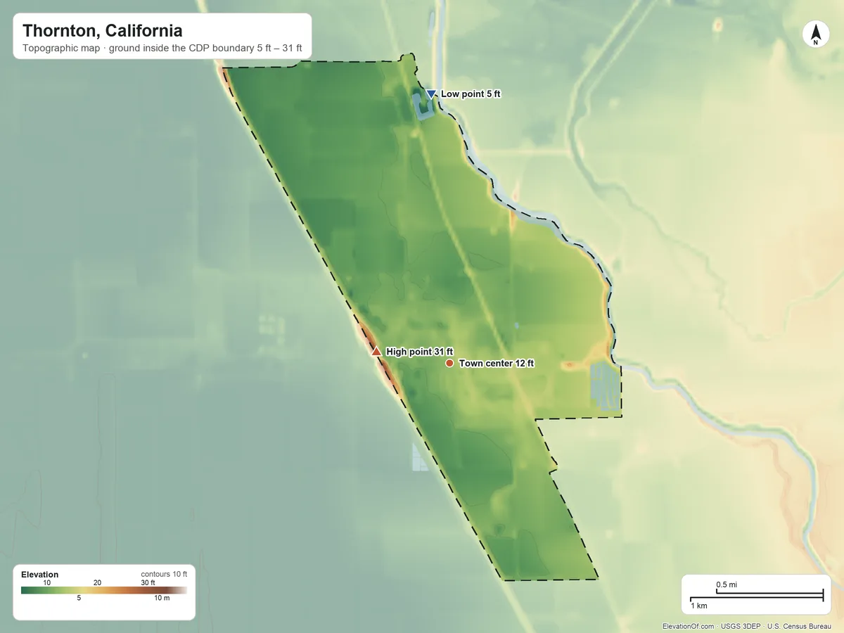 Topographic elevation map of Thornton, California, shaded from 5 ft on the north side to 31 ft on the west side